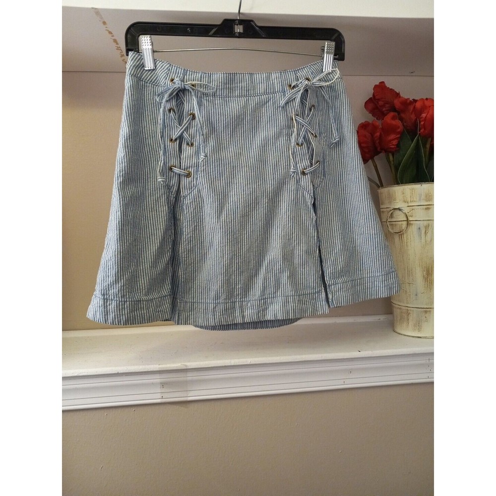 Free People‎ Womens Blue White  Striped Lace Up Pleated Lined Denim Skirt Size 6